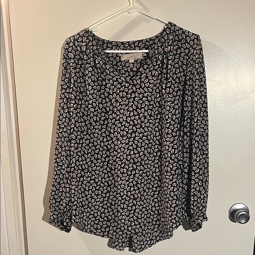 LOFT Black Blouse with White and Light Pink Paisley Print